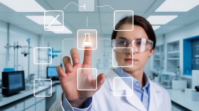 Innovative scientist creating digital process in laboratory. A scientist interacts with virtual elements in a modern lab setting showcasing advanced technology - Powered by Adobe