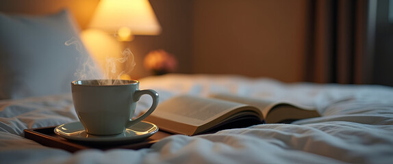 Calming Chamomile Tea Ritual: Steaming Mug on Bedside Tray with Open Book and Soft Lamp Light - Perfect for Nighttime Relaxation