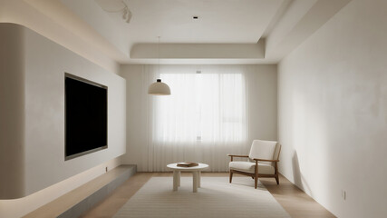 Fototapeta premium A bright living room with white walls, wooden floor, a single armchair near a large window