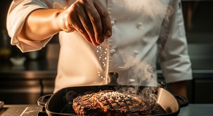 Professional chef sprinkling sea salt over sizzling steak, cinematic warm side lighting, food photography for gourmet cooking and culinary branding