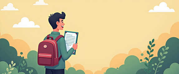 Photo realistic image of a student with a backpack holding an insurance certificate, whimsical background, ample space for text, symbolizing educational protection and coverage.