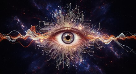 Human eye with circuit board elements and glowing waves. Concept of digital vision, data, artificial intelligence, and technology.