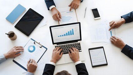 Business team analyzing financial data on a laptop and documents around a table