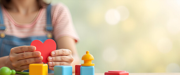 Photo Realistic Childcare Worker Surrounded by Toys and Heart Symbol in Dreamy Background - Nurturing Care for Children Concept