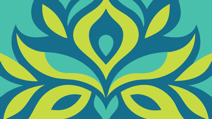 Symmetrical Teal and Lime Green Floral Motif with Dark Blue Accents abstract pattern