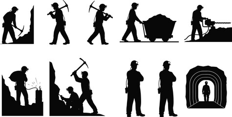 Mining workers with pickaxe, coal cart, drilling machine, dynamite blasting, underground mining, miner silhouette, mining safety, industrial labor.
