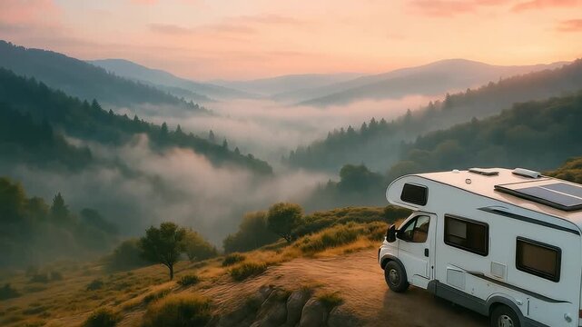 Camper Van Mountain Sunset Fog Valley Nature Landscape Travel Adventure
