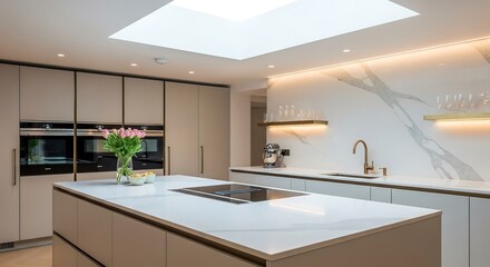 Sleek quartz stone kitchen island with brass fixtures and marble backsplash, modern luxury kitchen interior photography for aspirational lifestyle and premium architectural stock images