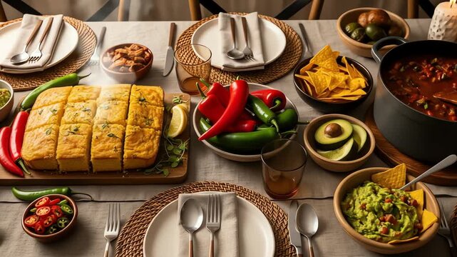 Overhead view of a festive Mexican meal with cornbread guacamole and chili peppers