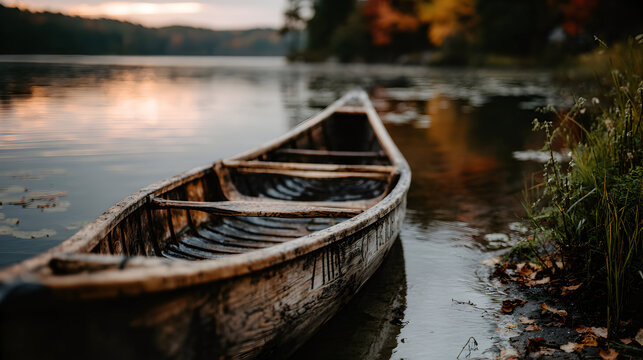 A wooden canoe on the lakeshore at sunset.