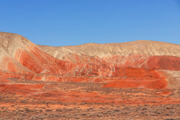 Beautiful mountains with red soil in Khizi. Azerbaijan.