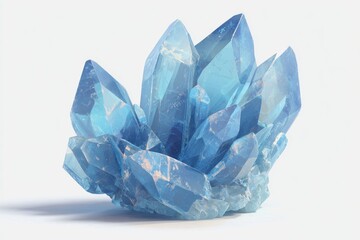 Fototapeta premium A cluster of light-blue crystals, sharply-faceted and translucent, sits on a plain white surface. A soft light illuminates the intricate, crystalline structure