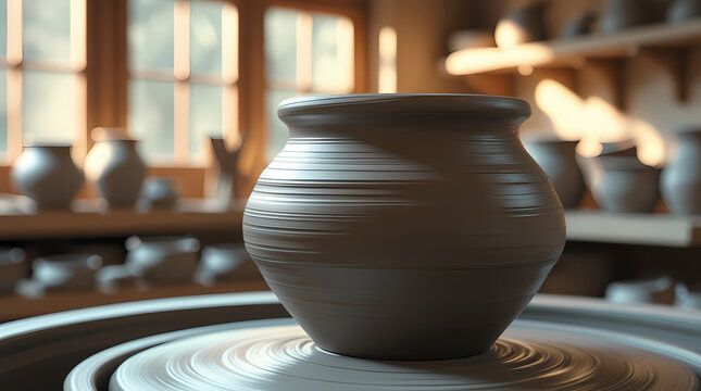 A clay pot stands on a potter's wheel, with a workshop in the background.