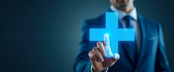 Businessman Engaging with Virtual Blue Plus Sign: A Symbol of Positive Mindset in Healthcare Insurance and Mental Health Rejuvenation - Stock Photo Concept with Space for Text