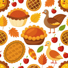Festive thanksgiving seamless pattern featuring delicious pies and a roasted turkey