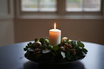 Festive Candle Arrangement on Dark Table - Holiday Decor