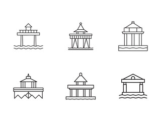 Fototapeta premium Collection of Outline Asian Structure Icons Representing Cultural Heritage and Architectural Diversity in Minimalist Vector Design