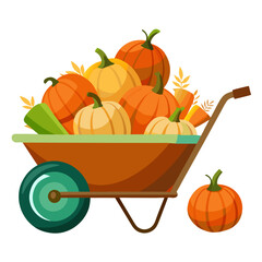 Autumn harvest wheelbarrow overflowing with pumpkins and hay on a white background