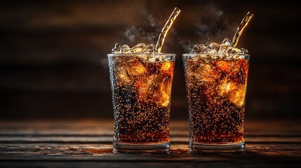 Two iced colas on rustic wood, steam rising, dark background, perfect for beverage advertising