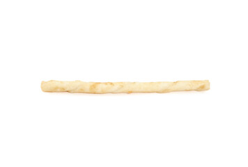 Isolated dog chew stick made without hide. Small dog or cat chew stick for taste and happiness. No hide alternative. Enrichment chew toy for dental cleaning. Selective focus. White background.