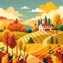 Golden autumn vineyard harvest scene with grapes and vines