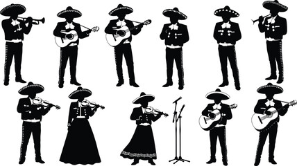 Mariachi band silhouettes with male and female musicians, playing guitar, violin, trumpet, traditional Mexican attire, cultural music, festive performance © MDALRAFIN