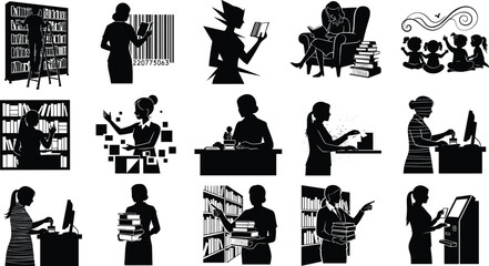 Library staff, librarian, book checkout, barcode scanner, digital archive, reading, education service, library technology, vector illustration, students.