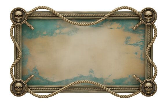 Pirate style scroll frame with rope and skulls a treasure map backdrop for adventure stories and thematic designs