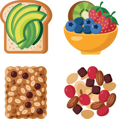 Healthy breakfast collage avocado toast fruit bowl granola bar trail mix assortment vector