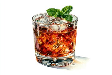 Detailed watercolor illustration of a cocktail glass filled with ice and a dark amber liquid, topped with fresh mint leaves