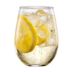 sparkling soda with lemon and ice cubes on white background
