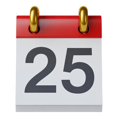 3D Rendered Red Calendar with Golden Rings Displaying the Number 25 on a Transparent Background for Date Reminder
