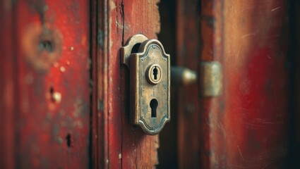 Fototapeta premium Close-up of vintage lock on a rustic red wooden door.