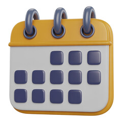 3D Rendered Yellow and White Calendar Icon with Gray Rings on Transparent Background for Schedule and Appointment Management