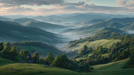 Obraz premium A breathtaking panorama of rolling green hills, softly illuminated by a gentle, pastel-colored sky, creating a tranquil and serene landscape