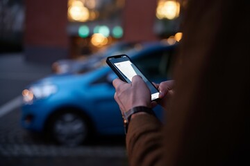Person Using Smartphone at Night with Car in Background
