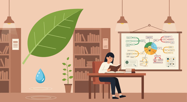 Illustration showcasing environmental study and education in a library setting for sustainable