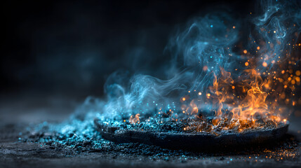 Abstract image of blue and orange fire and smoke on dark background