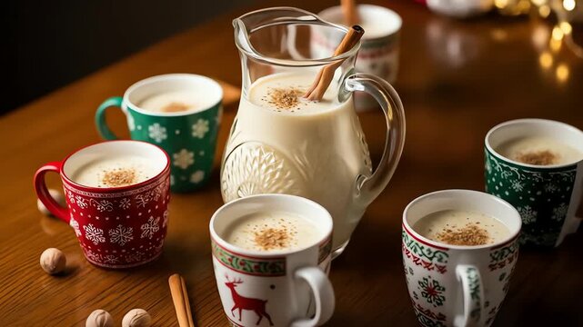 Pitcher and mugs of eggnog with cinnamon sticks and nutmeg on a wooden table