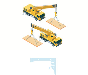 Isometric view of yellow crane trucks lifting wooden panels industrial construction machinery heavy equipment transportation and building material handling for engineering projects