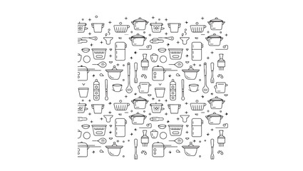 Naklejka premium Seamless Kitchenware Pattern Vector Illustration Black and White Line Art for Culinary Backgrounds Menu Design and Cooking Related Projects Promoting Kitchen Utensils