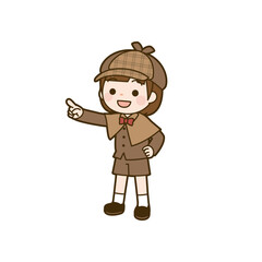 A cartoon girl detective, pointing, in a brown and beige outfit.