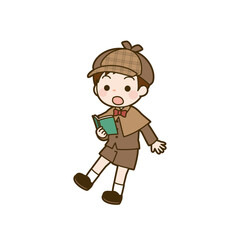 Cartoon illustration of a boy dressed as a detective, surprised while reading a book.