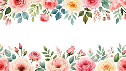 Watercolor floral frame with roses and greenery for design