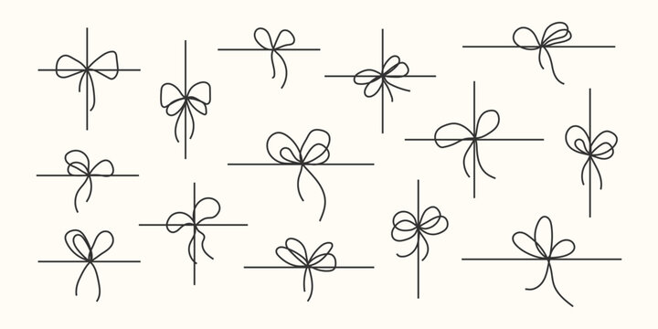 Bow gift collection. Bows line in ribbon icon set. Birthday anniversary wedding Christmas package decoration. Minimalist tied string. Packaging element