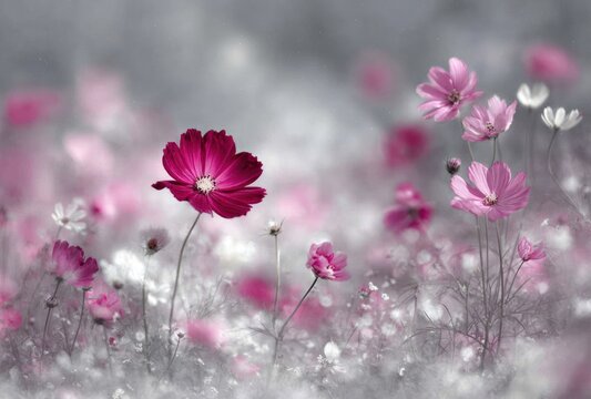 Dreamy scene of pink and white cosmos flowers in a soft, ethereal field. The focal point is a vibrant, deep pink blossom in sharp focus