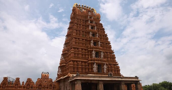 Front view of 300 year old ancient Hindu Temple at Nanjangud, Mysore. South Indian style temple Complex with the Temple Tower (Gopuram). Mysuru, Karnataka, India