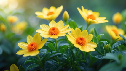 Obraz premium Bright yellow flowers with orange centers blooming among green leaves in natural sunlight.