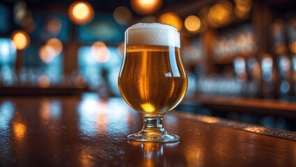 A glass of beer on a bar counter with blurred warm background lights.