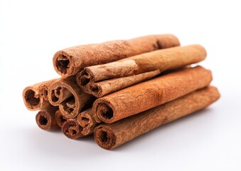 A stack of cinnamon sticks displays warm, rich tones against a plain white background.